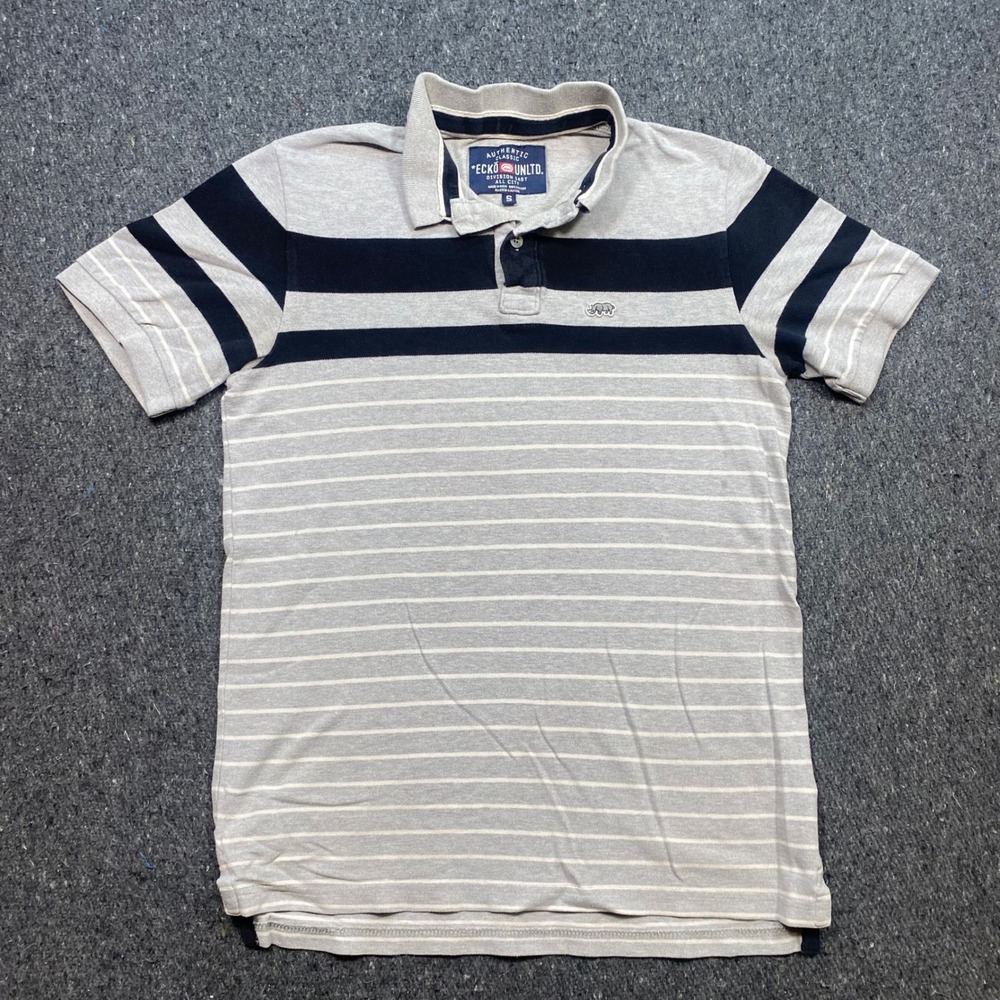 Ecko Unltd Polo Shirt Sz‎ S Mens Grey Navy Striped Skater Streetwear Rhino Logo